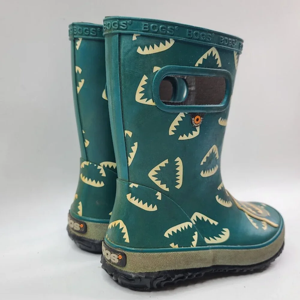 Bogs‎ Girl's Green Animal Shark Rubber Handle Mid-Calf Rain Boots Size 12